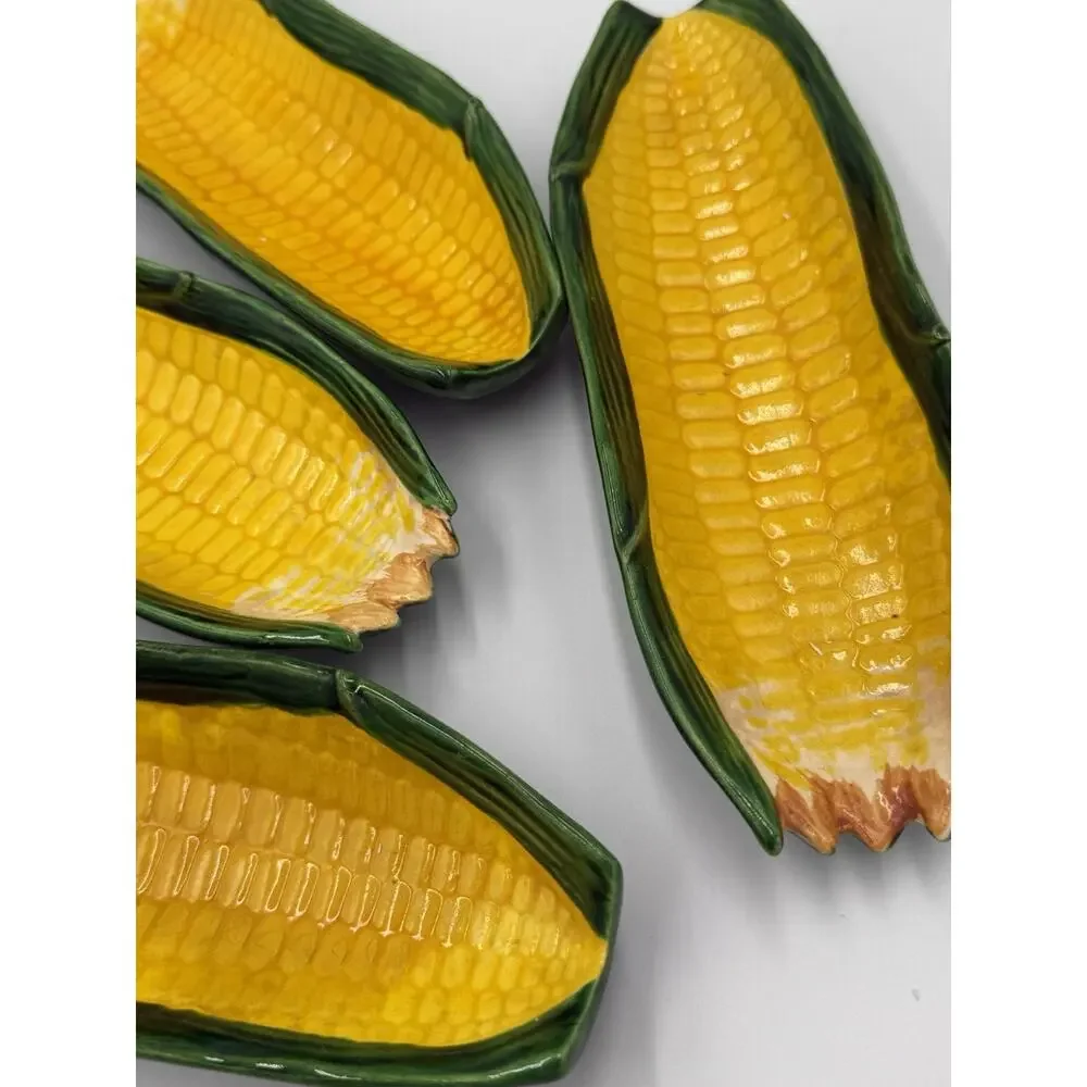 Lot of 4 Vintage 60s Yellow + Green Ceramic Corn Cob Serving Dishes Serveware